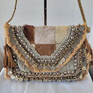 ibBan Anthropologie Hair on Hide Embellished Crossbody Bag w/Braided Strap